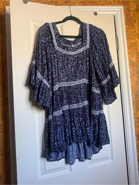 Free People Navy and Light Blue Floral Peasant Top